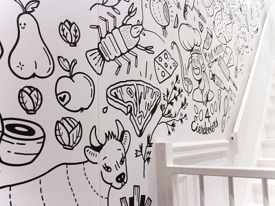Cooking Studio mural cheese cooking cow dinner doodle drawing eating food illustration lobster mural wall painting