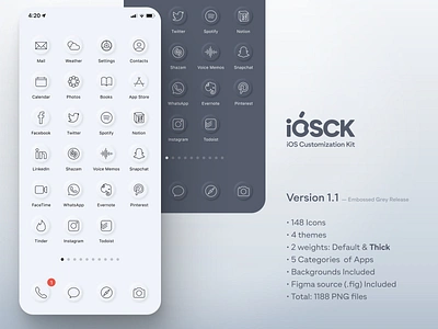 iOSCK: iOS 14 Customization Kit apps black custom emboss figma grey icon ios ios14 ios14homescreen iphone kit png theme white