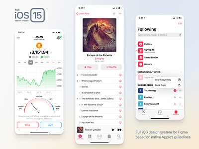 Full iOS 15 UI Kit — Light Screens audio button chart dark design figma finance interface ios ios15 iphone kit light list mobile mode player system ui ux
