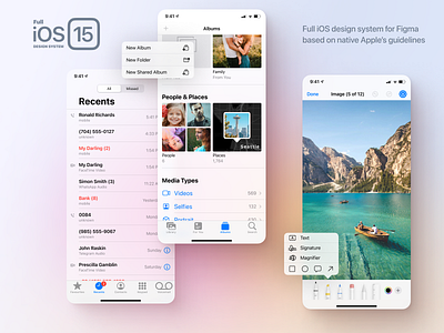 Full iOS 15 UI Kit — Sample Screens app bar button dark design figma graphic icon interface iphone light list mobile photo popup system ui ux