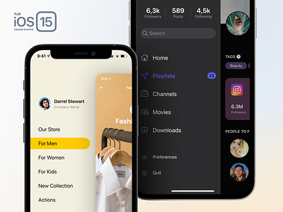 Full iOS 15 UI Kit — Side Menu Screens button dark design figma header ios ios15 iphone light menu mobile shadow side system ui ux