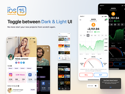 Full iOS 15 UI Kit — Toggle between Dark & Light UI Themes android button dark design figma icon interface ios ios15 iphone light mobile system theme ui ux