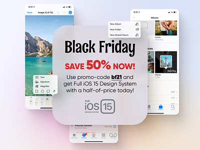 Black Friday 50% Sale for Full iOS 15 Design System for Figma black button dark design discount friday icon interface ios ios15 iphone light mobile system ui ux