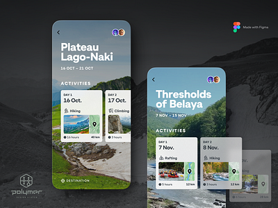Travel App - Trip Detail, rebounded with Polymer acrylic design figma fluent hiking icons interface mobile mountain plastic polymer rafting river system translucent transparency travel trip ui window