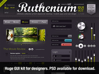 Ruthenium GUI Kit audio button design gui gui kit huge interface knob psd set slider switch ui ui kit vector web