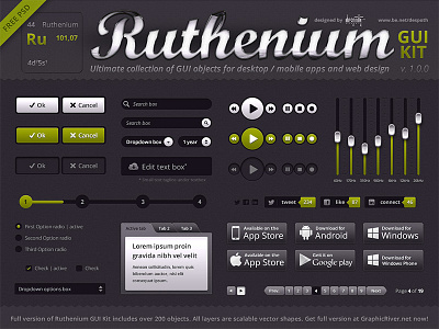 Ruthenium GUI Kit FREE PSD! audio awesome beautiful fantastic graphic gui interface ios iphone kit knob knobz metallic plastic psd retina super ui ui kit