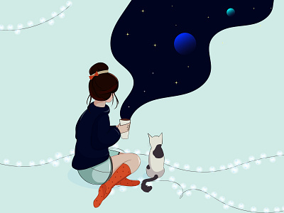 lost in thoughts cat coffee cozy december girl hello dribble illustration illustrator lights simple space winter