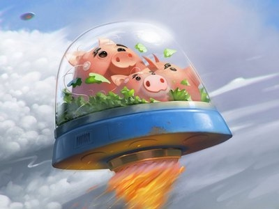 Flying pigs clouds fire pig salad saucer sky ufo