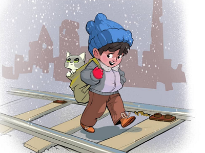 Snow! bag boy cat city escape pet rails road snow winter
