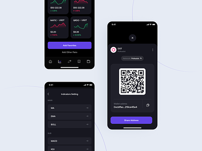 Crypto App Screens app bitcoin crypto cryptocurrency dark favorite graph indicators interaction investing ios market minimal nft qr statistic ui ux wallet withdraw