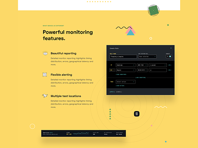 Monitoring and analytics SaaS website features abstract analytics automation branding condition conditional dashboad devops features geometric illustration landing page list monitoring product design reporting rule saas website server software