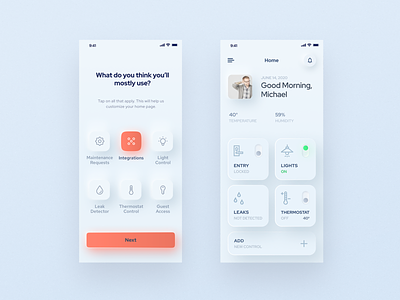 Smart home neumorphic mobile app application building controls door home screen icons integrations iphone mobile app native app neumorphism product design residential services smart device smart home smarthome smartphone thermostat ui ux