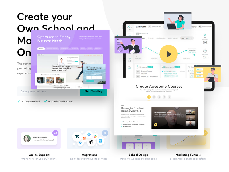 e-learning SaaS homepage sections discovery ab testing course courses discovery e learning education edupreneur figma homepage integrations learning management system learning platform marketing online school product design saas landing page startup tab navigation uiux video