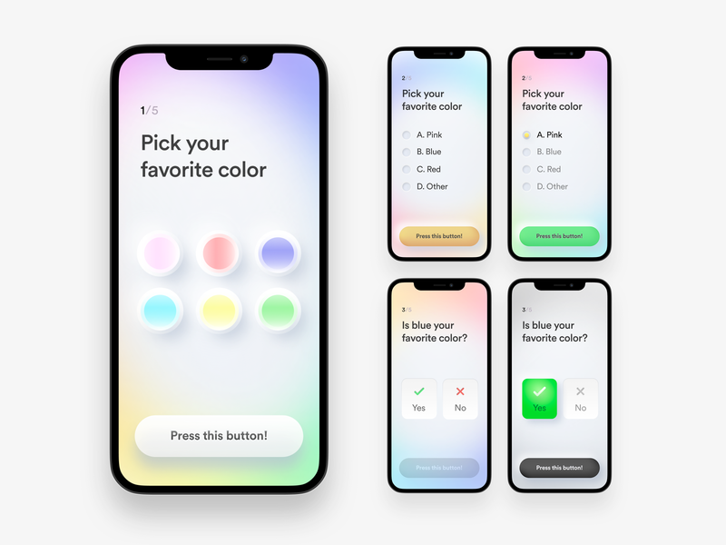 Light relaxing quiz app user interface calm feminine figma girly gradients interface ios iphone app light mobile app modern neumorphism pale product design questionnaire quiz relaxing survey ui ux vector