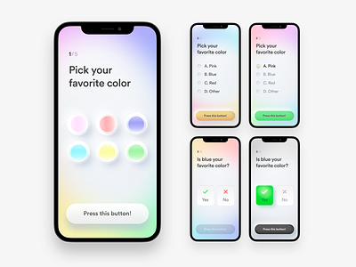 Light relaxing quiz app user interface calm feminine figma girly gradients interface ios iphone app light mobile app modern neumorphism pale product design questionnaire quiz relaxing survey ui ux vector