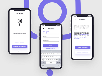 Instaq app user onboarding art direction cta fb input fields login mobile app monospace splash screen ui user onboarding ux