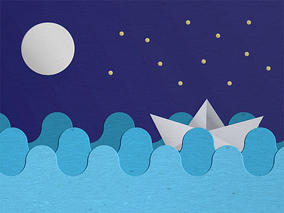 Paper boat illustration cut glue hand made illustration moon paper boat patch real sea stars vector waves