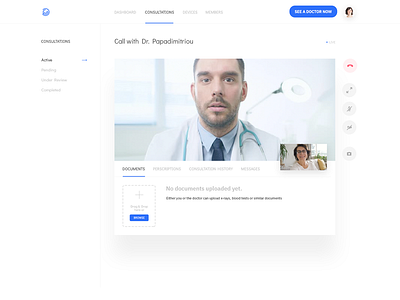 Medical app / Video consultation screen app application camera conference consultation controls doctor doctor appointment health interace logo medical navigation product design sass services telemedicine ui video video call