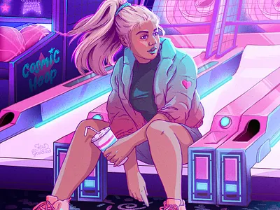 Cosmic Arcade arcade character design female character gaming illustration neon neon light retro retro game retro gaming video game video game art