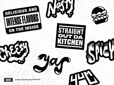 Santa Burguesa | Stickers art artwork branding burger cheesy explicit content illustration lettering metal music nasty restaurant rock spicy stickers text type typography yas yuum