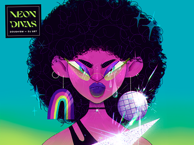 Neon Divas | DJ Set afro art artwork disco discoball handmade illustration inspiration playlist playlists portrait woman woman portrait