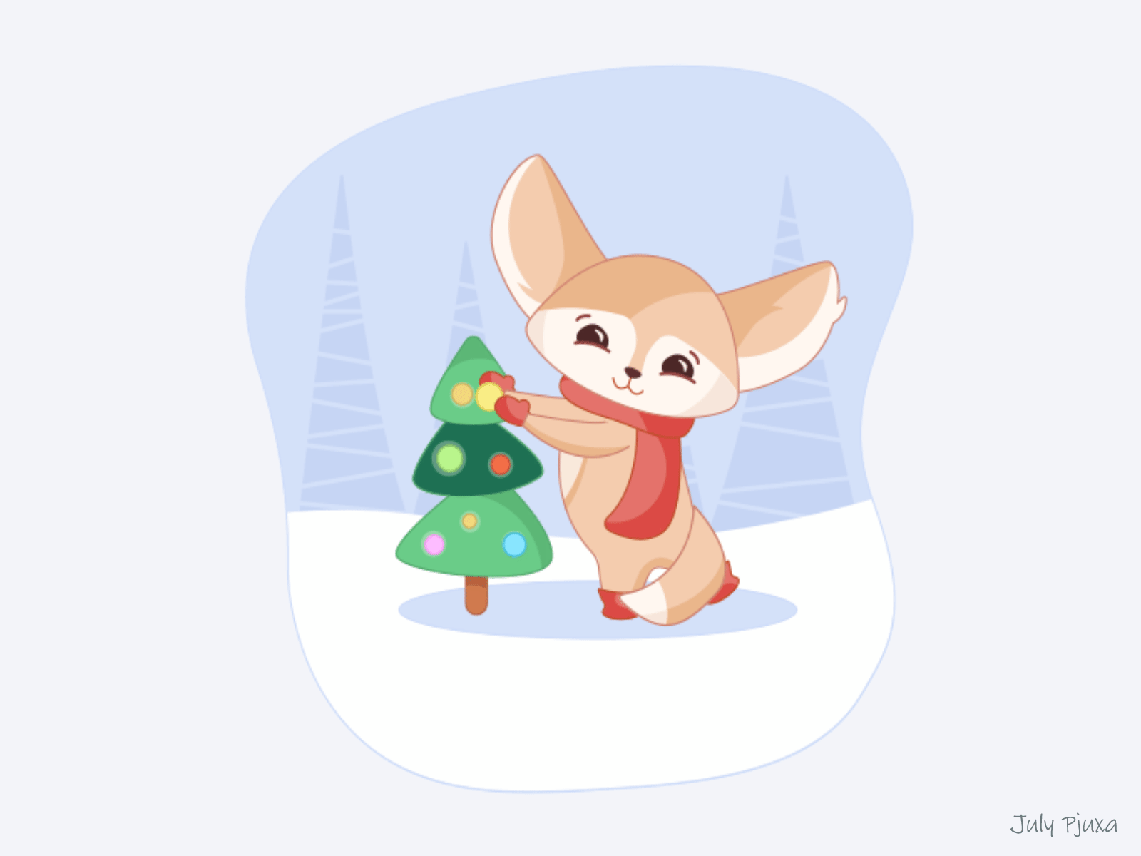 Christmas Fennec Fox: story 0.8 "Christmas Tree" after effects animation charachter christmas christmas tree fennec fennec fox julypjuxa vector vector artwork