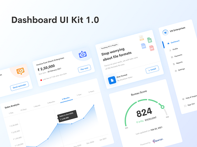 Dashboard UI Kit 1.0 adobe bureau cards ui cibil dashboard ui design figma graphs menu bar payments plugins productdesign score sidebar uidesign uidesigner uidesigns uikit uiux xd