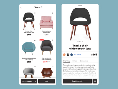 Furniture shop app — listing and product card android app card clean design e commerce furniture ios minimalistic mobile shop ui