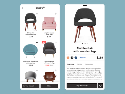 Furniture shop app — listing and product card