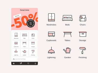 Furniture shop icons app banner card e commerce furniture homepage icon illustration ios lightning main minimalistic mobile outline sale search set shop storage ui