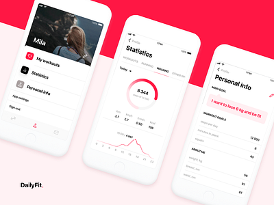 DailyFit Fitness App — Profile 11 dashboard filter fitness goal info ios iphone pink profile sport statistics