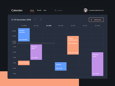 Calender — dark UI account activity app application appointments calender desktop event interface managment meeting minimal profile schedule task template timeline tool ui vector
