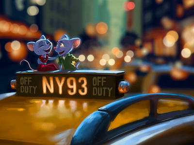 A Night In The Town bokeh cab cartoon city illustration mice mouse new york nyc photoshop yellow cab