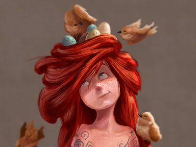 Collaborative Art birds character eggs illustration long hair nature nest nightingale painting princess red hair tattoos
