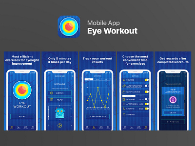 App Store Screens for Mobile App Eye Workout android app appstore blue design eye ipad iphonex letters mobile oculist ophthalmologist playmarket robot screens training ui vision webdesign workout