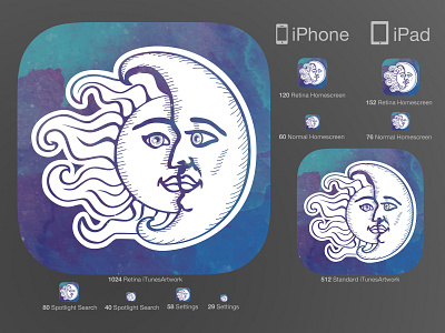 Icon for mobile app Horoscope app appstore astrology biorhythm chart design horoscope icon ipad iphone main mobile moon natal sun ui watercolor web webdesign zodiac