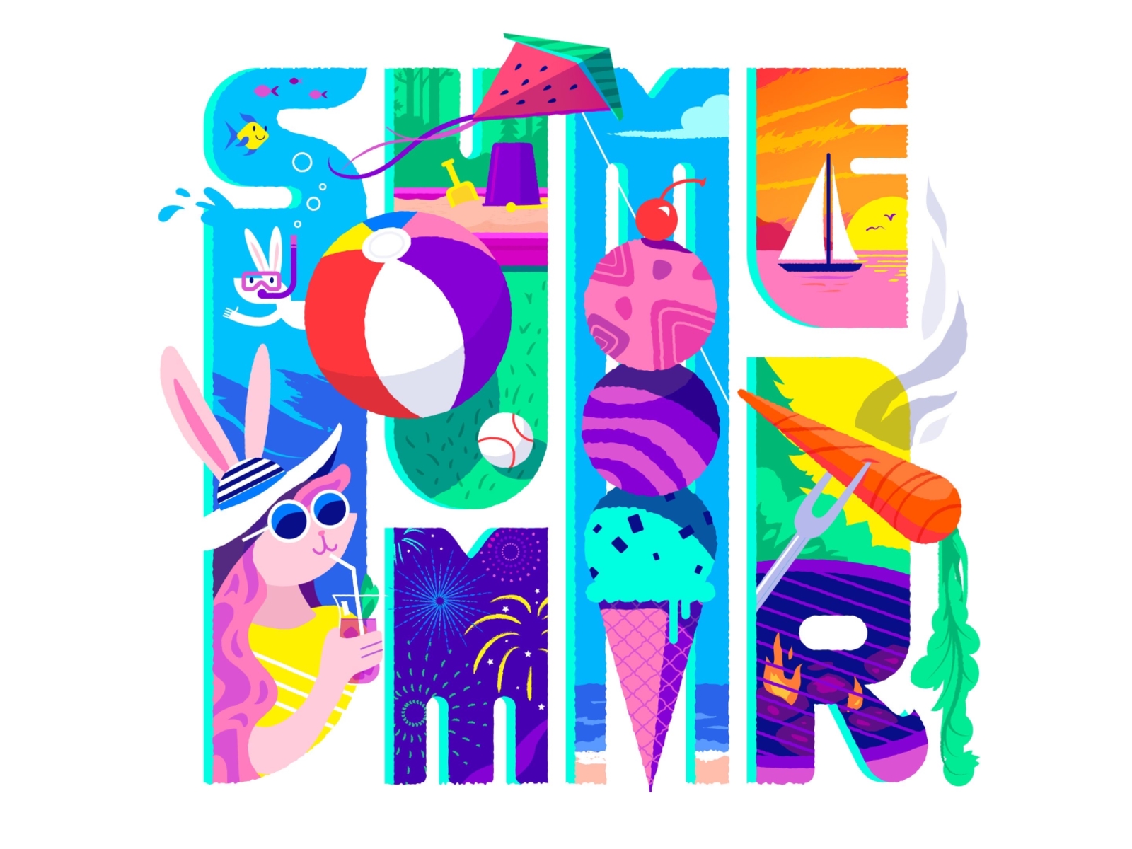 Summer! beach fireworks grill ice cream illustration lettering rabbit sailboat summer summertime swimming typography