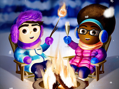 Happy 2018! champagne cheers couple fire fire pit holidays illustration marshmallow new year snow toast winter