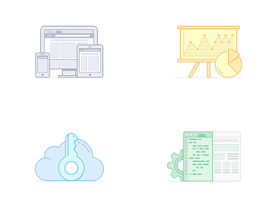 Illustration experiments browser cloud code device flat icons key outline responsive services statistics wheel