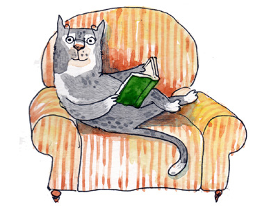 animated cat reading a book