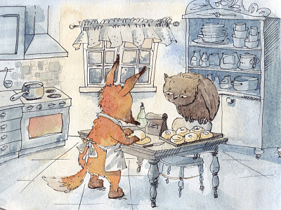 Fox and owl baking animal baking book cartoon character childrens books comic england english fox freehand friends hand drawing illustration kitchen owl picturebook sketch story tale
