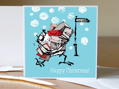 Christmas card owl taking presents to the post office cartoon character christmas greetingcard hand drawing illustration