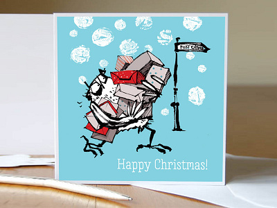 Christmas card owl taking presents to the post office