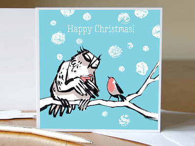 Christmas card owl and robin cartoon character christmas greetingcard illustration owl