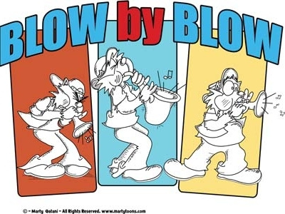 Blow By Blow blow by blow cartoon characters horn section horns humor jazz music rock and roll saxophone the blues triad trumpet whimsical