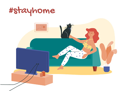 Stay at home cat chill illustration stay home tv vector virus woman