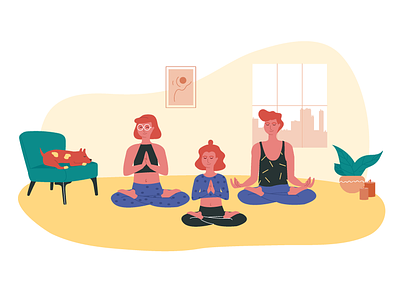 Keep Calm and Stay Home dog family girl illustration man meditation relax stayhome vector woman yoga