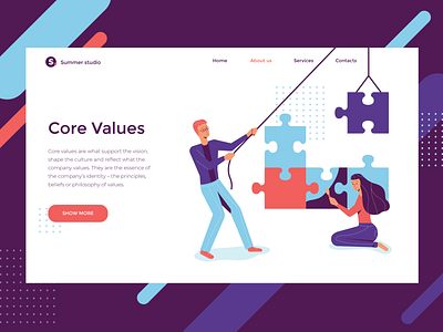 Company Core Values Illustration banner business core values design illustration landing page man team teamwork ui vector website woman