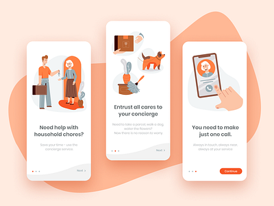 Household app cleaning design dog granny graphic household illustration interace mobile mockup next slider ui ux vector woman
