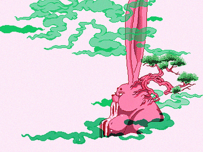 Piquancy character cloud god green illustration mountain pixel pixel art rabbit smoke trees waterfall